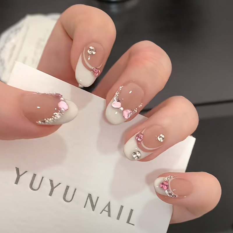 Nail Art Fake Nails - 10 Adet Beyaz Fransız Pembe Kalp