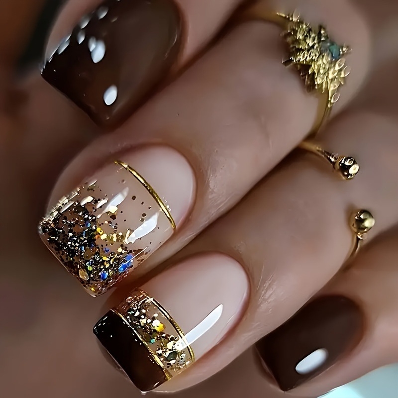 Nail Art Glitter - Kadınlar için kısa kare takma tırnaklar,