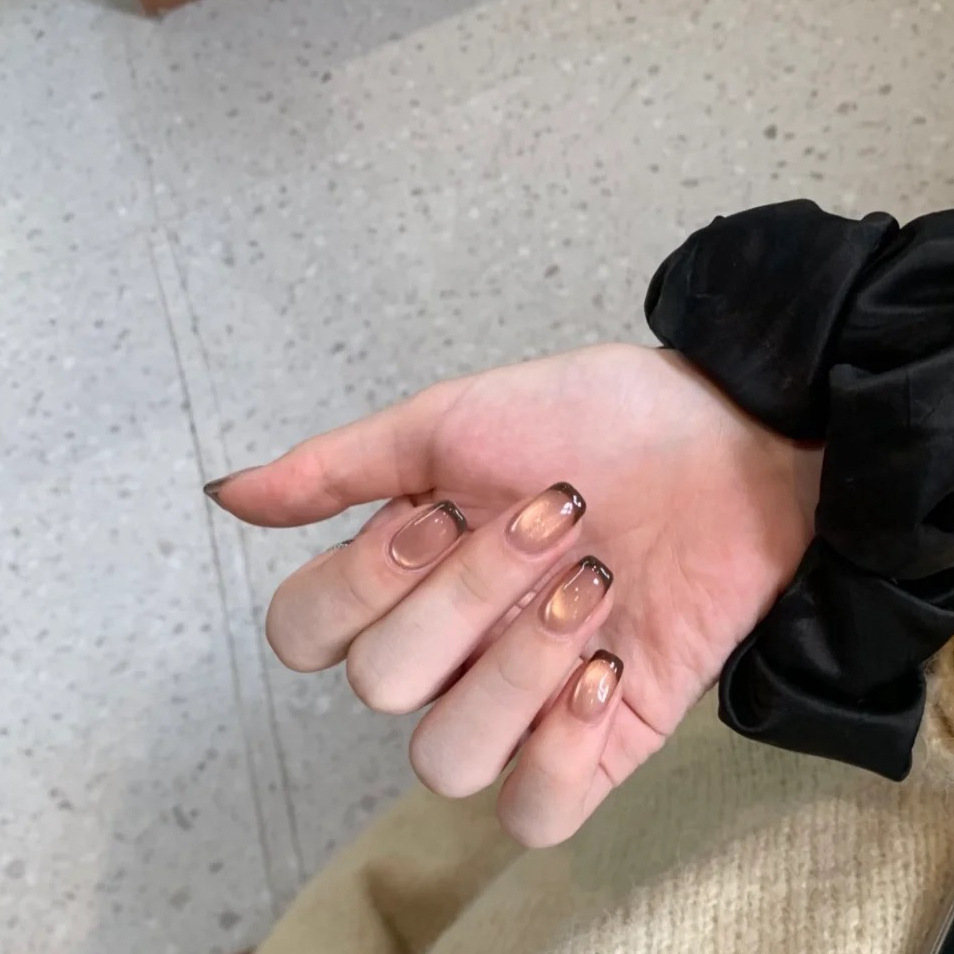 Nail Art Red Wine Cat Eye - 10 adet Kısa Fransız Takma Tırnak