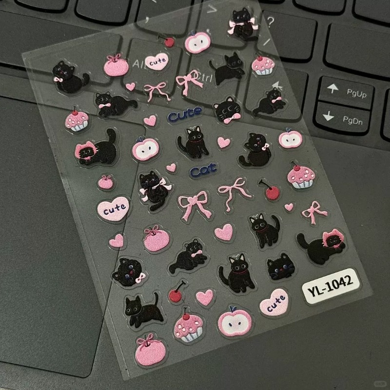 Nail Art Motif - Sevimli Karikatür Fiyonklu Siyah Kedi 3D